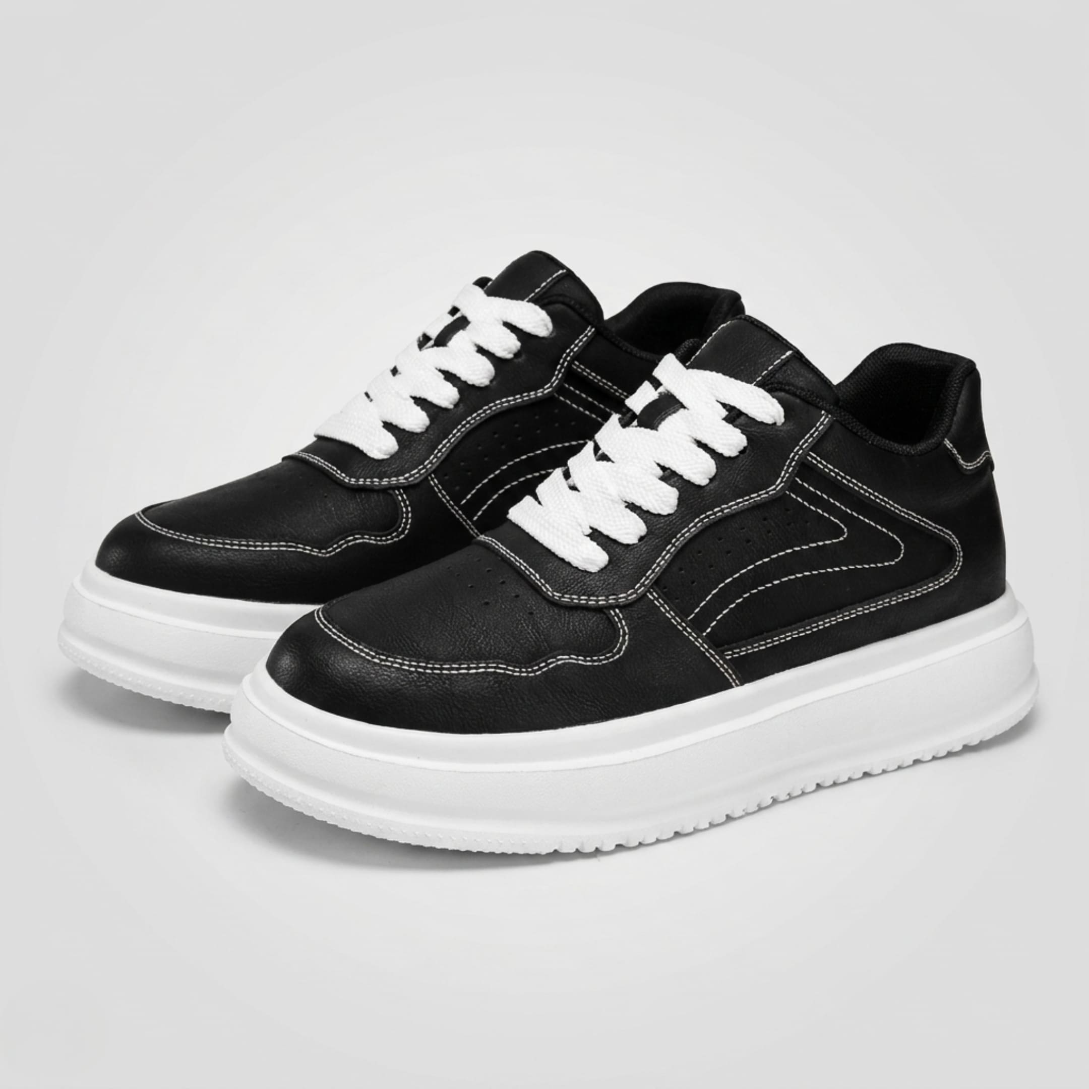 FORCIANO CALVERO black Height Increasing Sneakers with premium leather uppers, white laces and white soles shown as a pair from the front angle.