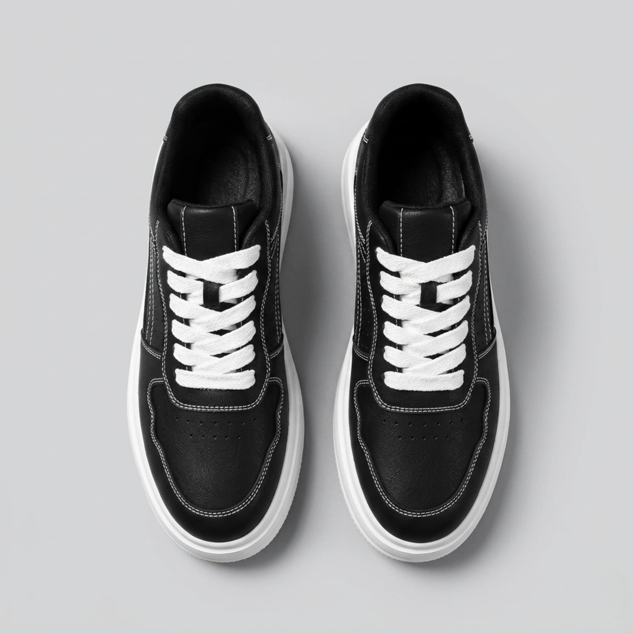 FORCIANO CALVERO black Height Increasing Sneakers with premium leather uppers and contrasting white laces shown as a pair from the top.