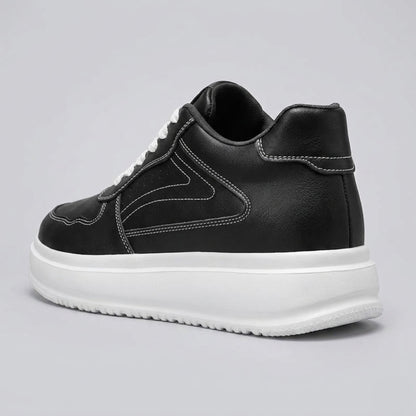 FORCIANO CALVERO black Height Increasing Sneakers with premium leather upper and white platform sole shown from a rear three-quarter angle.