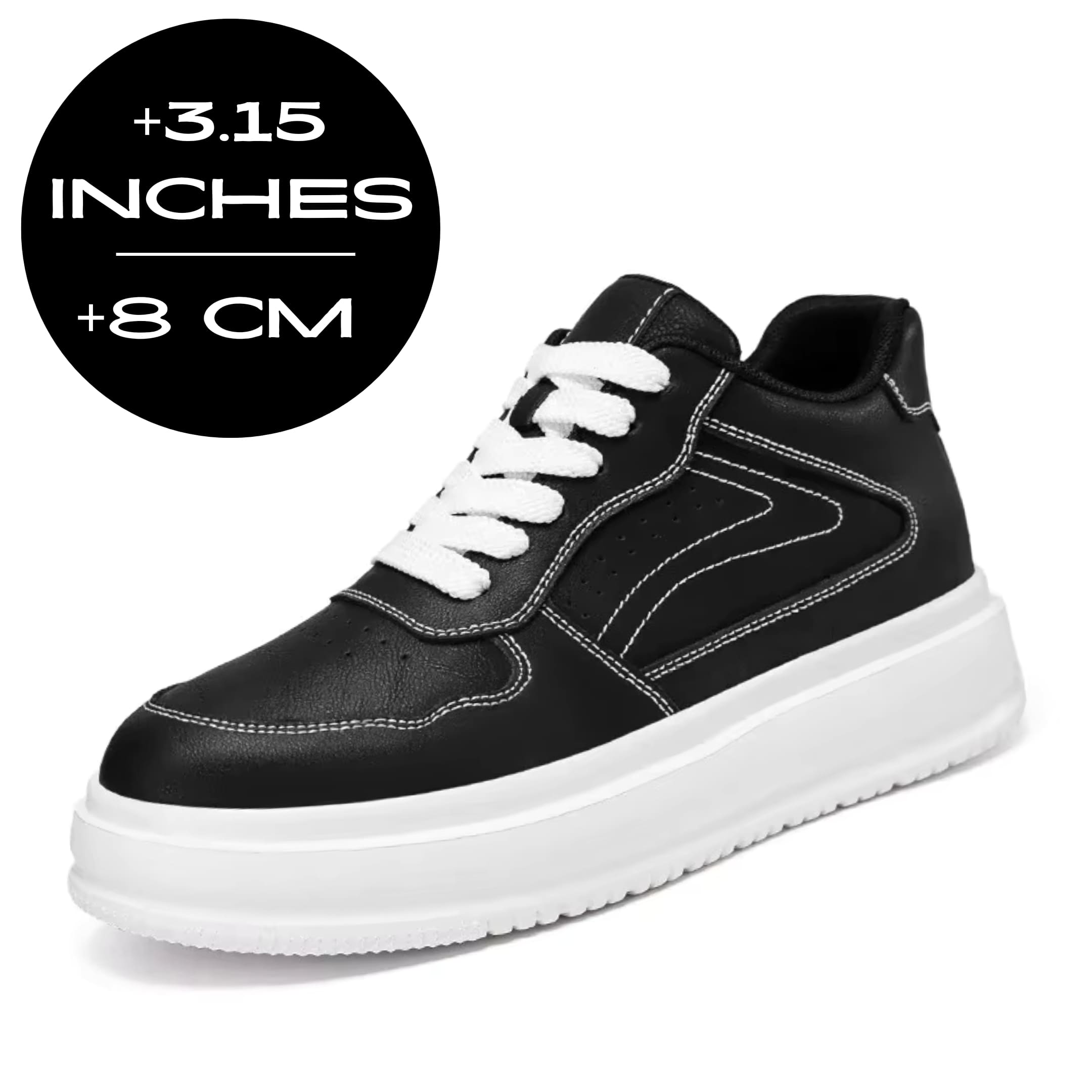 FORCIANO CALVERO black Height Increasing Sneakers with premium leather upper, shown from a front three-quarter angle with 8 cm / 3.15" height graphic.