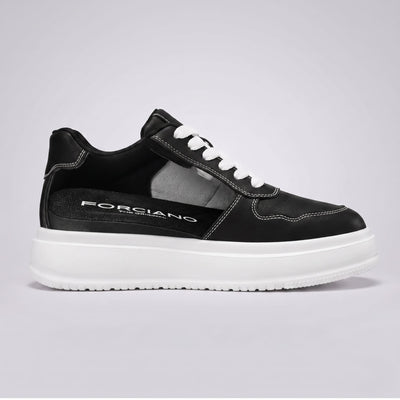 FORCIANO CALVERO black Height Increasing Sneakers with premium leather upper shown in side cutaway view revealing the internal lift and FORCIANO insole.