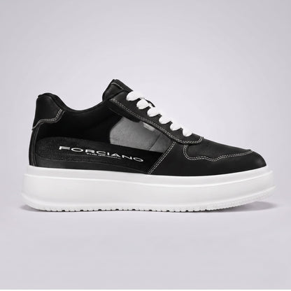 FORCIANO CALVERO black Height Increasing Sneakers with premium leather upper shown in side cutaway view revealing the internal lift and FORCIANO insole.