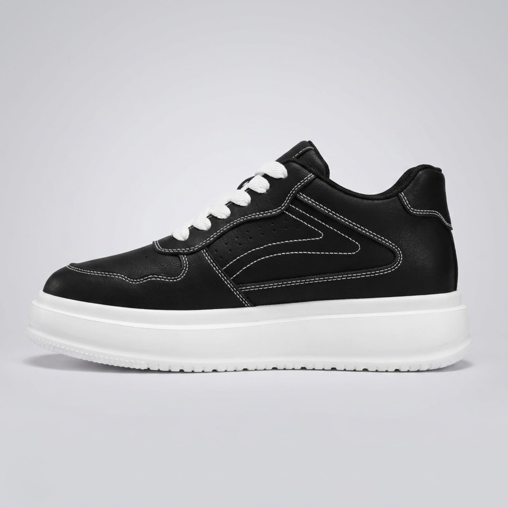 FORCIANO CALVERO black Height Increasing Sneakers with premium leather upper, white laces and white platform sole shown from the side.