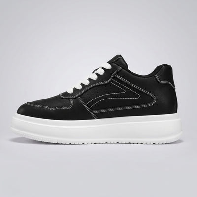 FORCIANO CALVERO black Height Increasing Sneakers with premium leather upper, white laces and white platform sole shown from the side.