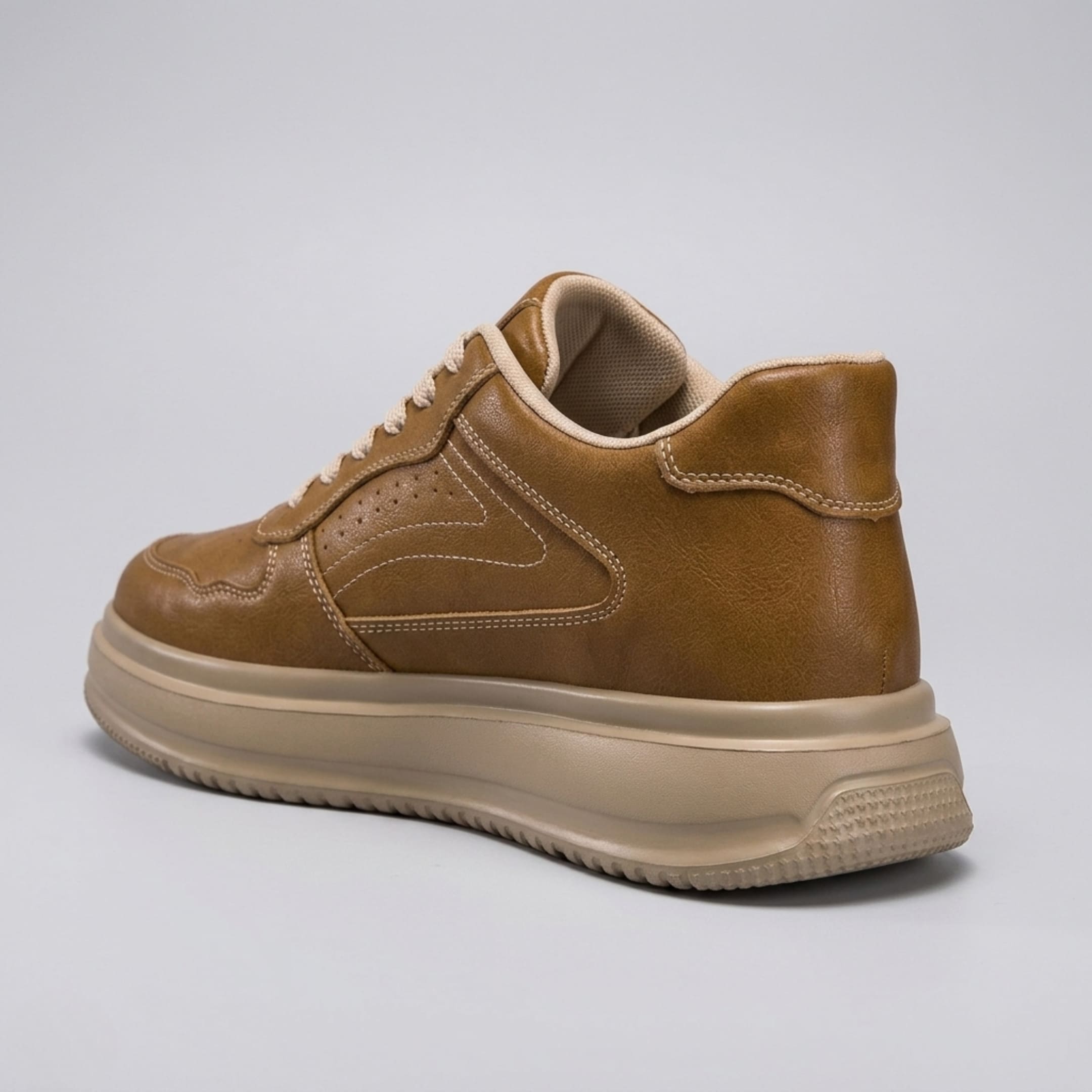 FORCIANO CALVERO brown Height Increasing Sneakers with premium leather upper and beige platform sole shown from the rear three-quarter view.