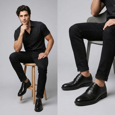 FORCIANO CAVELLO black elevator dress shoes with premium leather uppers worn by a seated model in a two-panel formal lifestyle view.