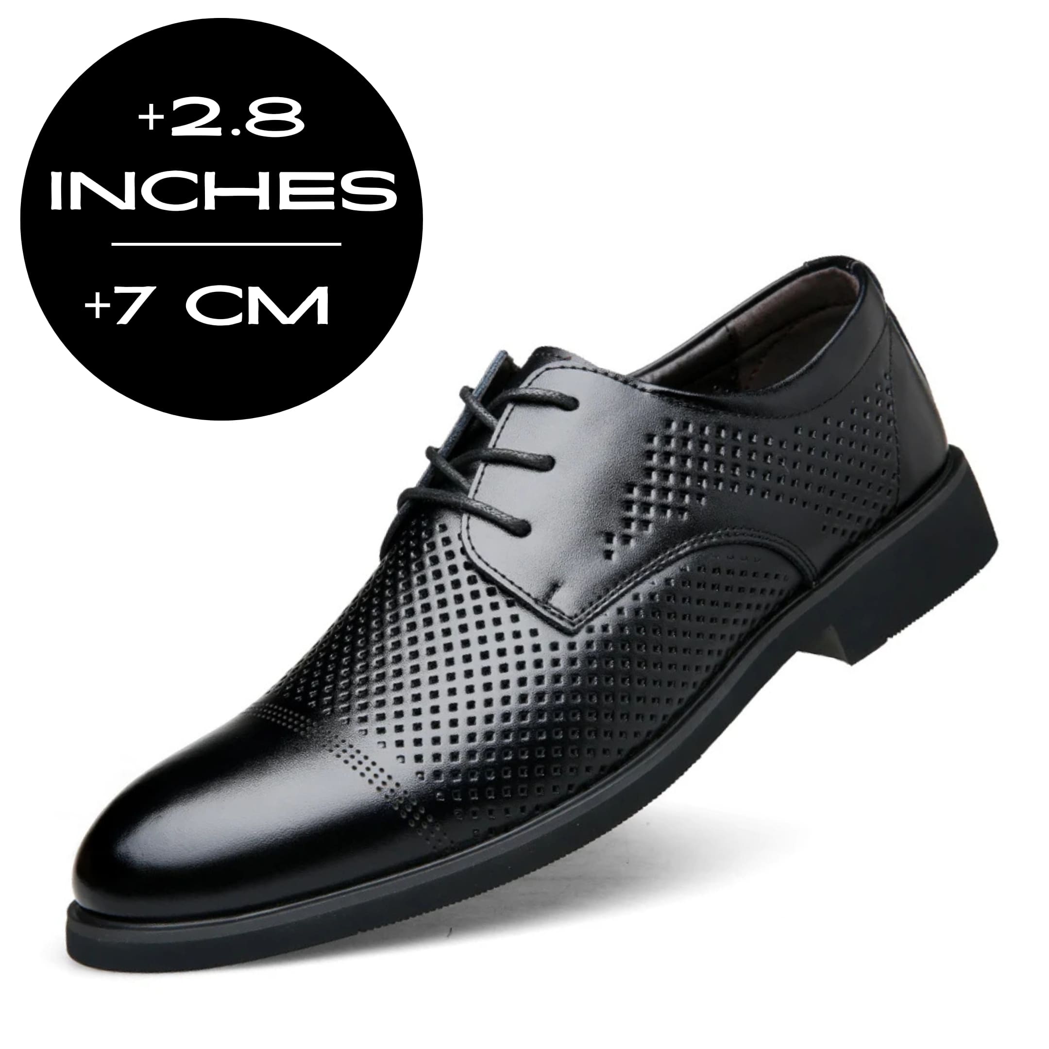 FORCIANO CAVELLO black perforated elevator dress shoes with premium leather upper shown from a front three-quarter angle with a 7 cm / 2.8 inches height graphic.