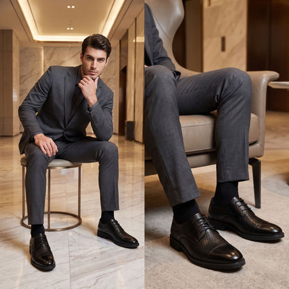FORCIANO CAVELLO black perforated elevator dress shoes with premium leather uppers worn with a gray suit in a two-panel indoor formal lifestyle view.