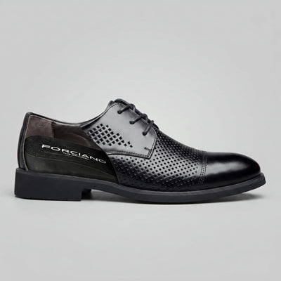 Side cutaway of FORCIANO CAVELLO black perforated elevator dress shoes showing one premium leather shoe with the internal height-increasing structure exposed.