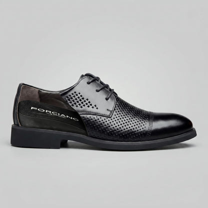 Side cutaway of FORCIANO CAVELLO black perforated elevator dress shoes showing one premium leather shoe with the internal height-increasing structure exposed.