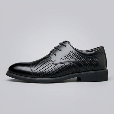 Side profile of a FORCIANO CAVELLO black perforated elevator dress shoe with premium leather upper and patterned perforated panels.