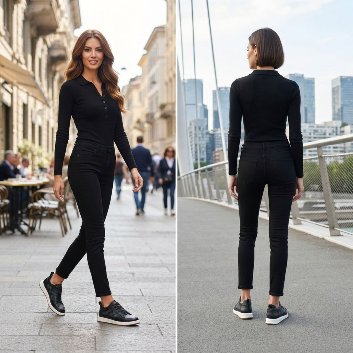 FORCIANO CELESTE black women's platform sneakers worn by a woman in an outdoor lifestyle collage, with premium leather uppers and white soles.