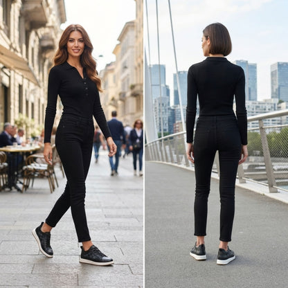 FORCIANO CELESTE black women's platform sneakers worn by a woman in an outdoor lifestyle collage, with premium leather uppers and white soles.