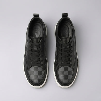 FORCIANO CELESTE black women's platform sneakers shown as a pair from the top with premium leather uppers, black laces and check-pattern toe panels.