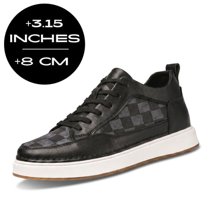 FORCIANO CELESTE black women's platform sneakers with premium leather upper shown at a front angle with 8 cm / 3.15" height increase graphic.