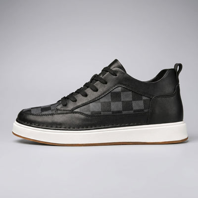 FORCIANO CELESTE black women's platform sneakers in side profile with premium leather upper, check-pattern panels and white sole.