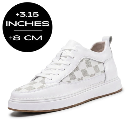 FORCIANO CELESTE white women's platform sneakers with premium leather upper shown at a front angle with 8 cm / 3.15" height increase graphic.