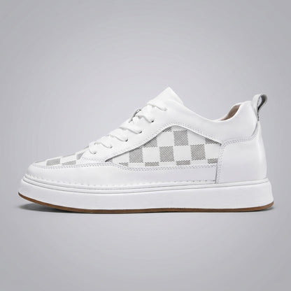 FORCIANO CELESTE white women's platform sneakers in side profile with premium leather upper and visible check-pattern panels.