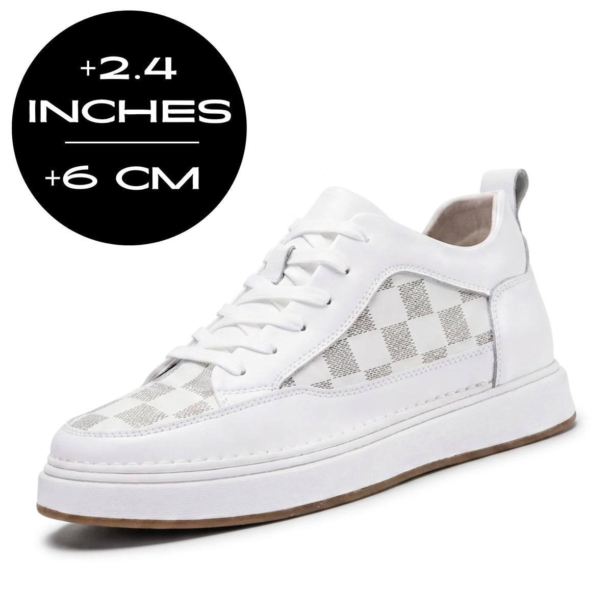 FORCIANO CELESTE white women's sneakers with premium leather upper shown at a front angle with 6 cm / 2.4" height increase graphic.