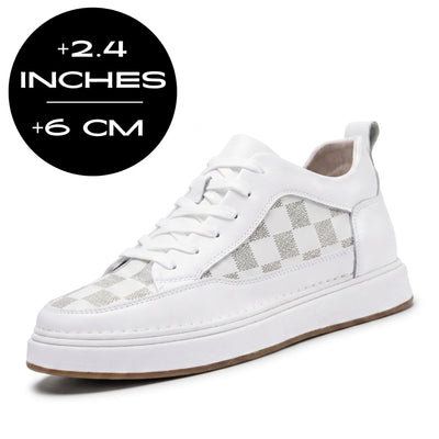FORCIANO CELESTE white women's sneakers with premium leather upper shown at a front angle with 6 cm / 2.4" height increase graphic.