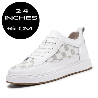 FORCIANO CELESTE white women's sneakers with premium leather upper shown at a front angle with 6 cm / 2.4" height increase graphic.