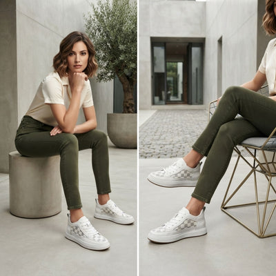 FORCIANO CELESTE white women's platform sneakers worn by a woman in a seated lifestyle collage, showing the premium leather upper and patterned panels.