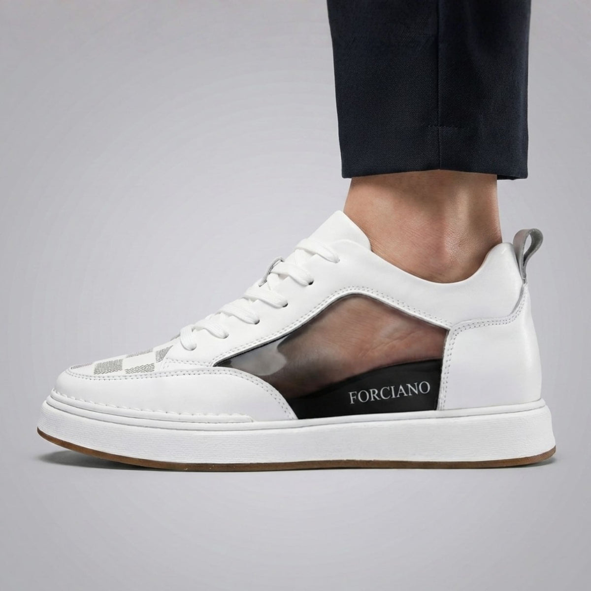 FORCIANO CELESTE white women's height increasing sneaker worn on foot with premium leather upper and cutaway side view revealing the internal lift.