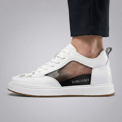 FORCIANO CELESTE white women's height increasing sneaker worn on foot with premium leather upper and cutaway side view revealing the internal lift.
