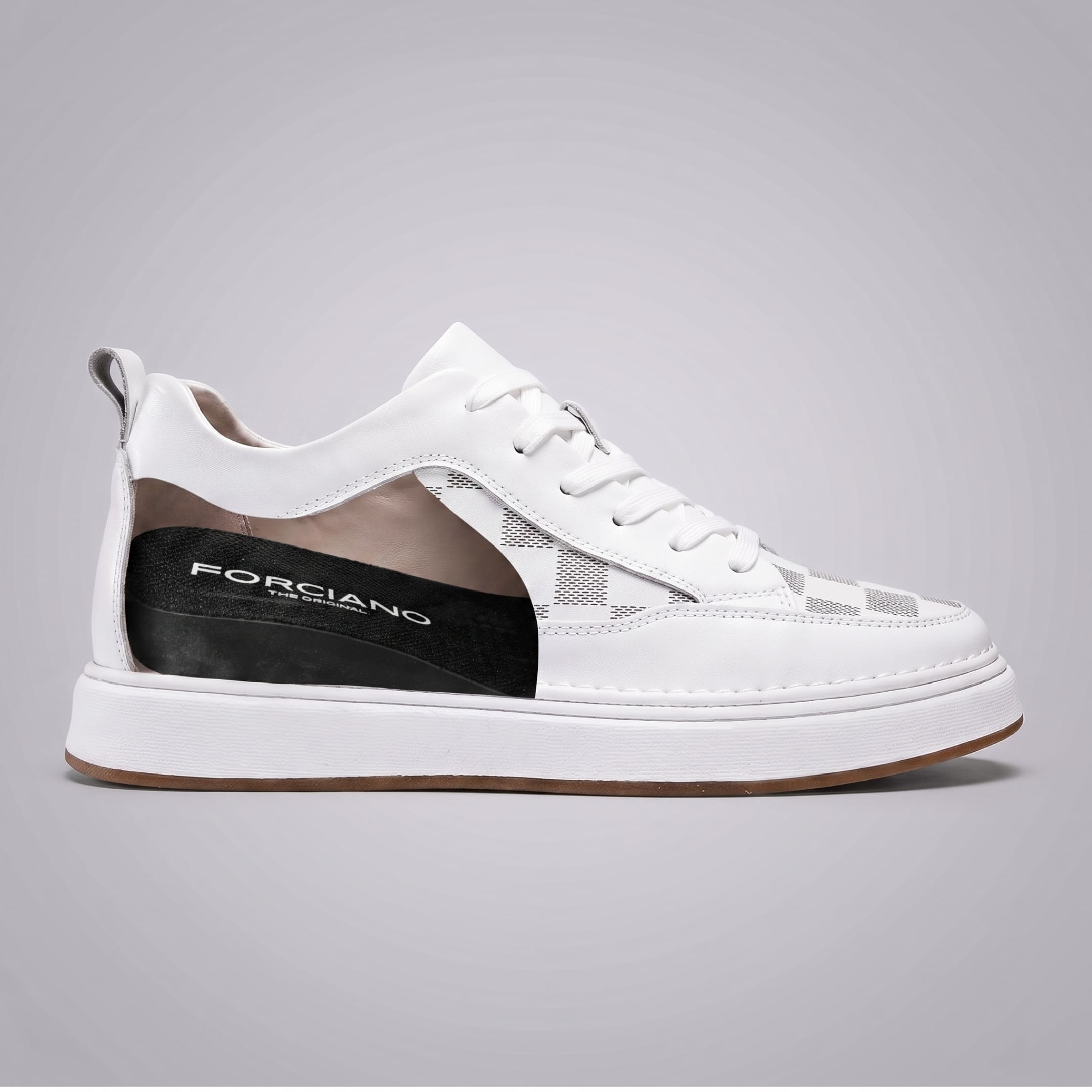 FORCIANO CELESTE white women's height increasing sneaker in side profile with premium leather upper and cutaway view showing the internal lift.