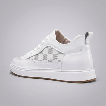 FORCIANO CELESTE white women's sneaker shown from a rear three-quarter angle with premium leather upper, heel pull tab and patterned side panel.