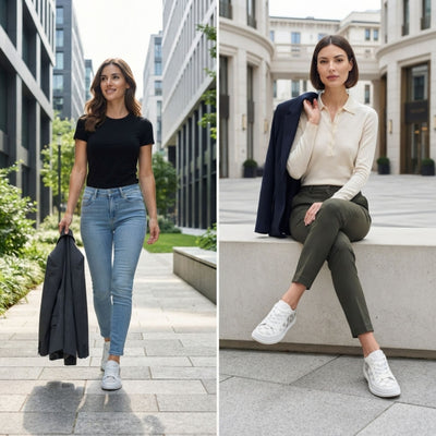FORCIANO CELESTE white women's platform sneakers worn by women in walking and seated city lifestyle views, featuring premium leather uppers and patterned panels.