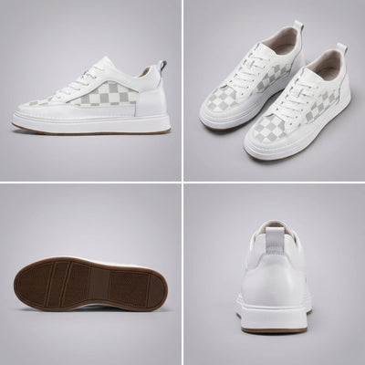 FORCIANO CELESTE white women's platform sneakers in a multi-view collage showing side profile, pair view, outsole and rear view with premium leather uppers.