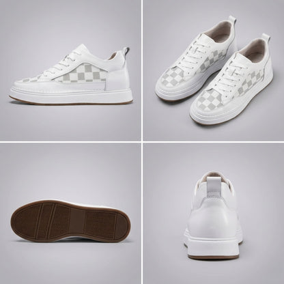FORCIANO CELESTE white women's platform sneakers in a multi-view collage showing side profile, pair view, outsole and rear view with premium leather uppers.