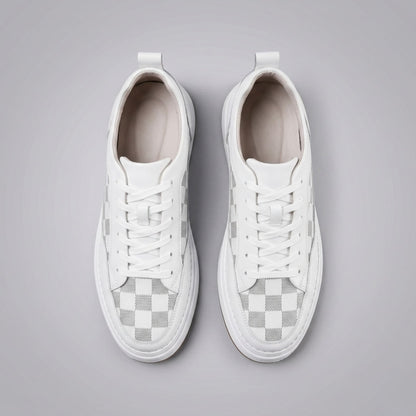 FORCIANO CELESTE white women's platform sneakers shown as a pair from the top with premium leather uppers, white laces and patterned toe panels.