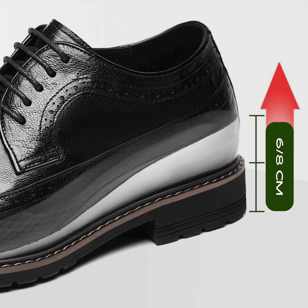 FORCIANO CELSUS black elevator dress shoe shown with an internal height illustration indicating 6 cm / 2.4 inches and 8 cm / 3.15 inches options.