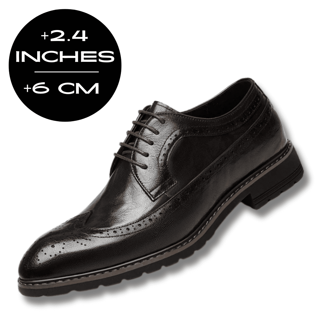 FORCIANO CELSUS black elevator dress shoe with premium leather upper in a front three-quarter view, showing the 6 cm / 2.4 inches height graphic.