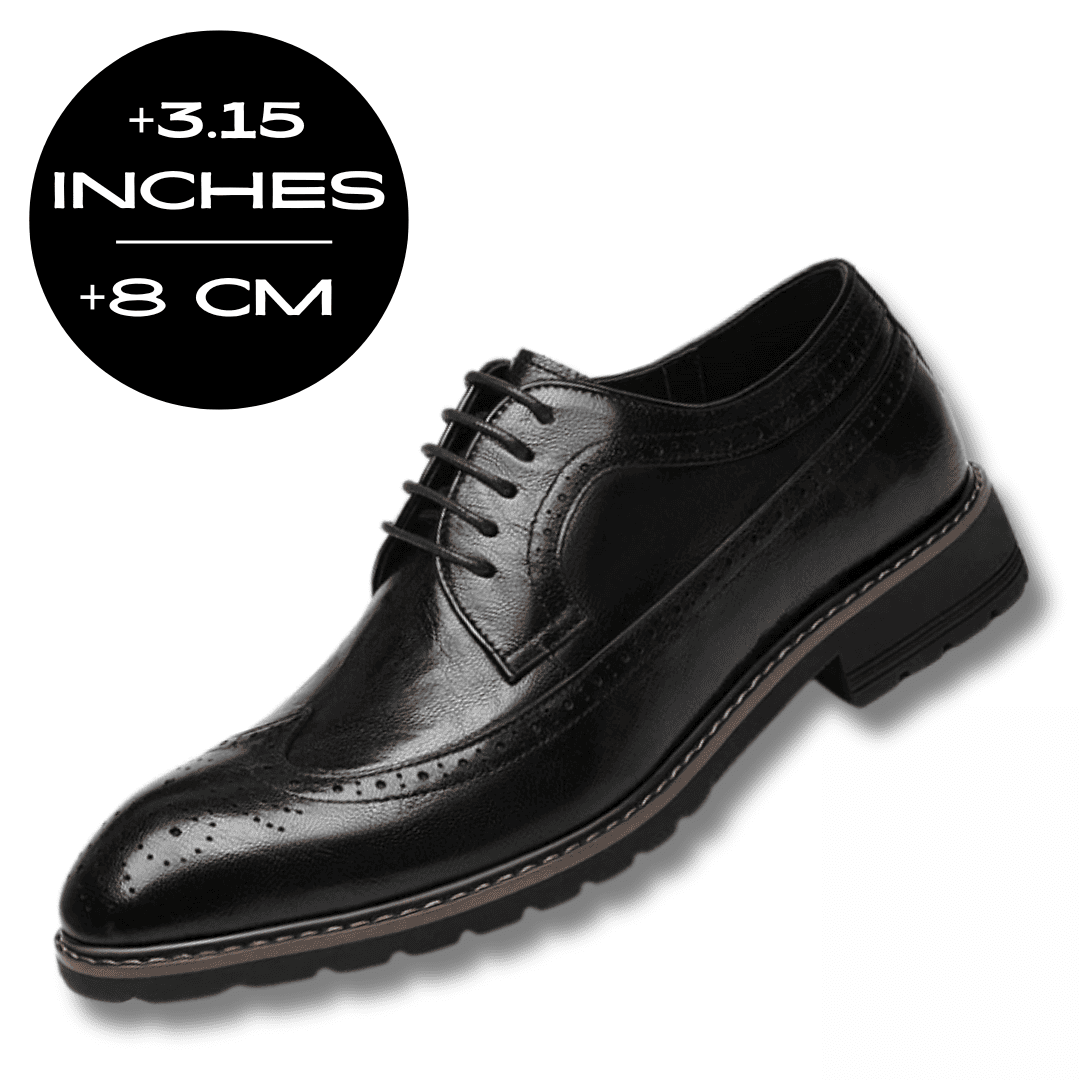 FORCIANO CELSUS black elevator dress shoe with premium leather upper, lace-up front and 8 cm / 3.15 inches height increase graphic.