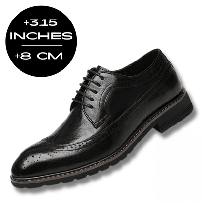 FORCIANO CELSUS black elevator dress shoe with premium leather upper, lace-up front and 8 cm / 3.15 inches height increase graphic.