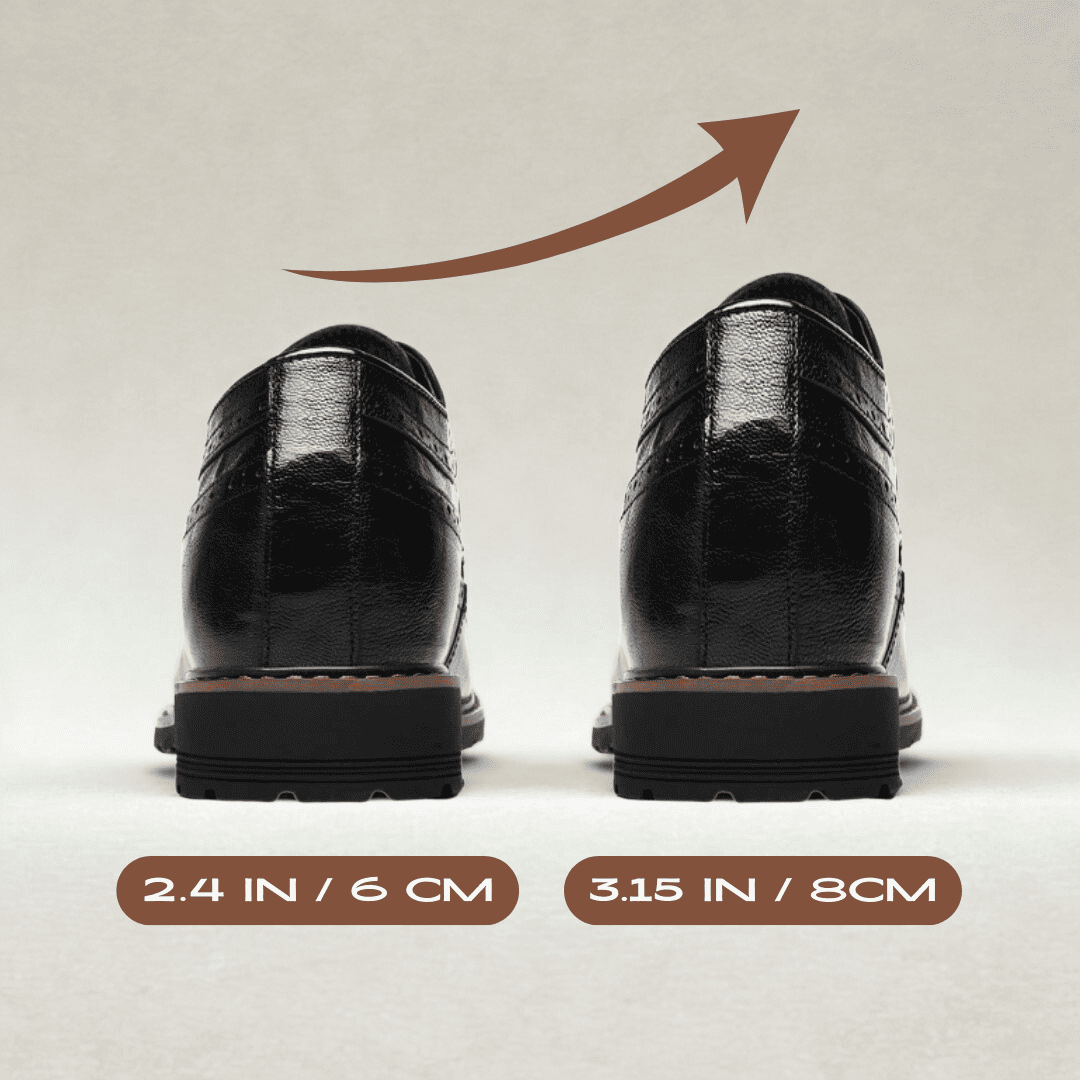 Rear comparison of FORCIANO CELSUS black elevator dress shoes showing 6 cm / 2.4 inches and 8 cm / 3.15 inches height configurations.