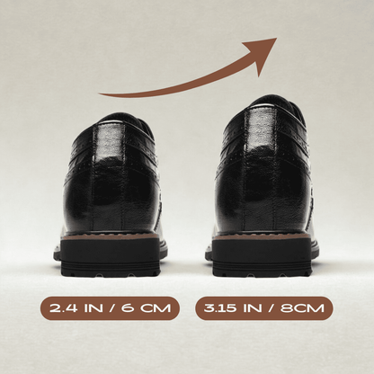Rear comparison of FORCIANO CELSUS black elevator dress shoes showing 6 cm / 2.4 inches and 8 cm / 3.15 inches height configurations.