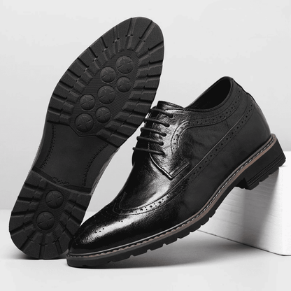 FORCIANO CELSUS black elevator dress shoe beside a full outsole view, showing the tread pattern and premium leather upper.