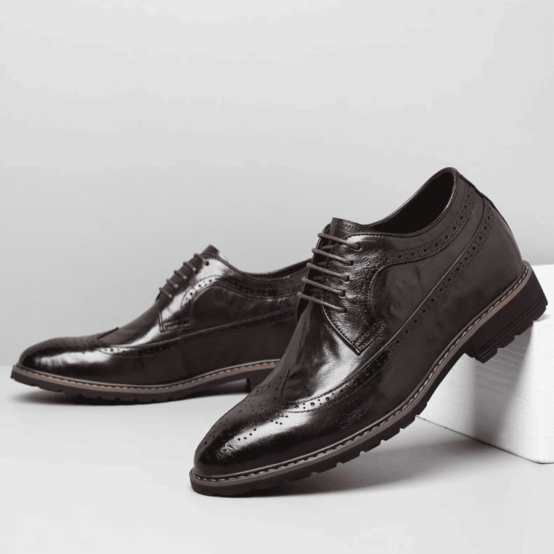 FORCIANO CELSUS brown elevator dress shoes displayed as a pair in side three-quarter views with premium leather uppers and lace-up detailing.