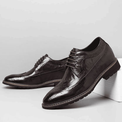 FORCIANO CELSUS brown elevator dress shoes displayed as a pair in side three-quarter views with premium leather uppers and lace-up detailing.