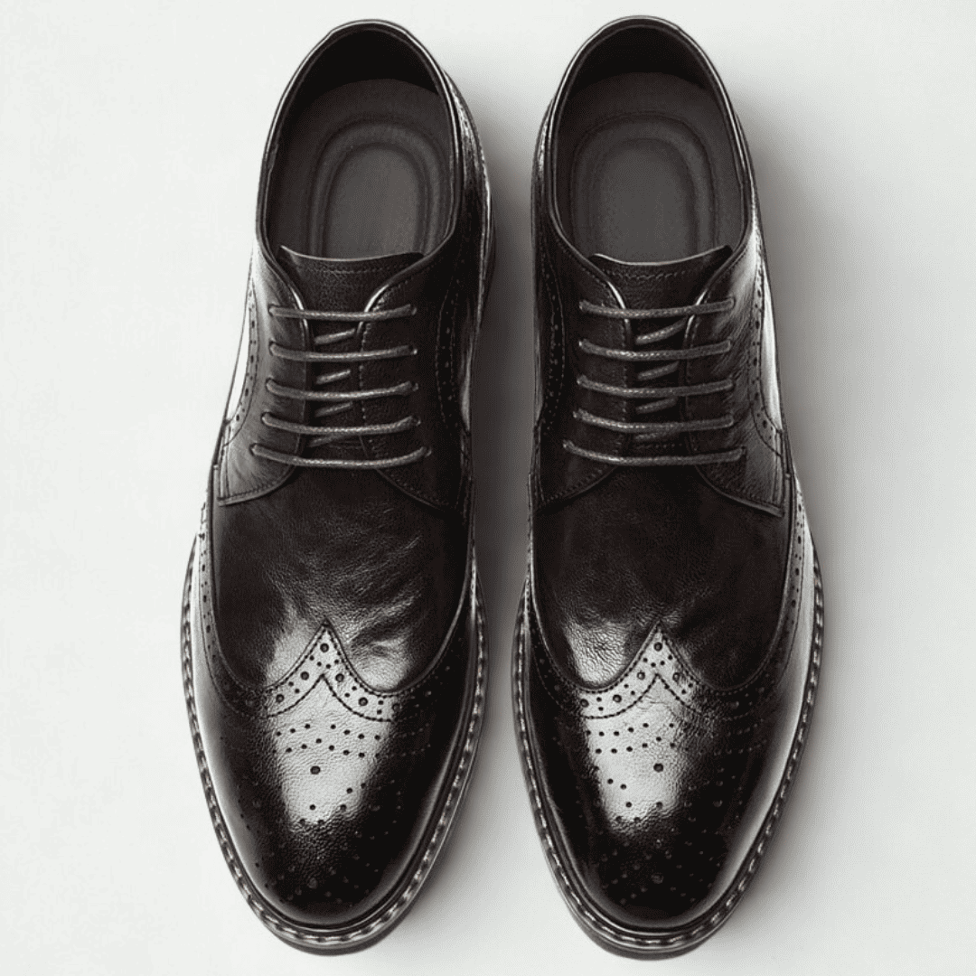 FORCIANO CELSUS brown premium leather elevator dress shoes shown as a pair from the top, displaying lace-up fronts and decorative perforations.