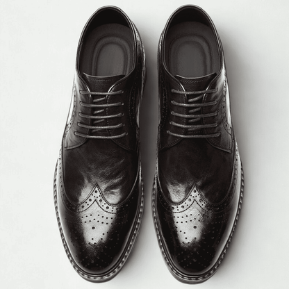 FORCIANO CELSUS brown premium leather elevator dress shoes shown as a pair from the top, displaying lace-up fronts and decorative perforations.