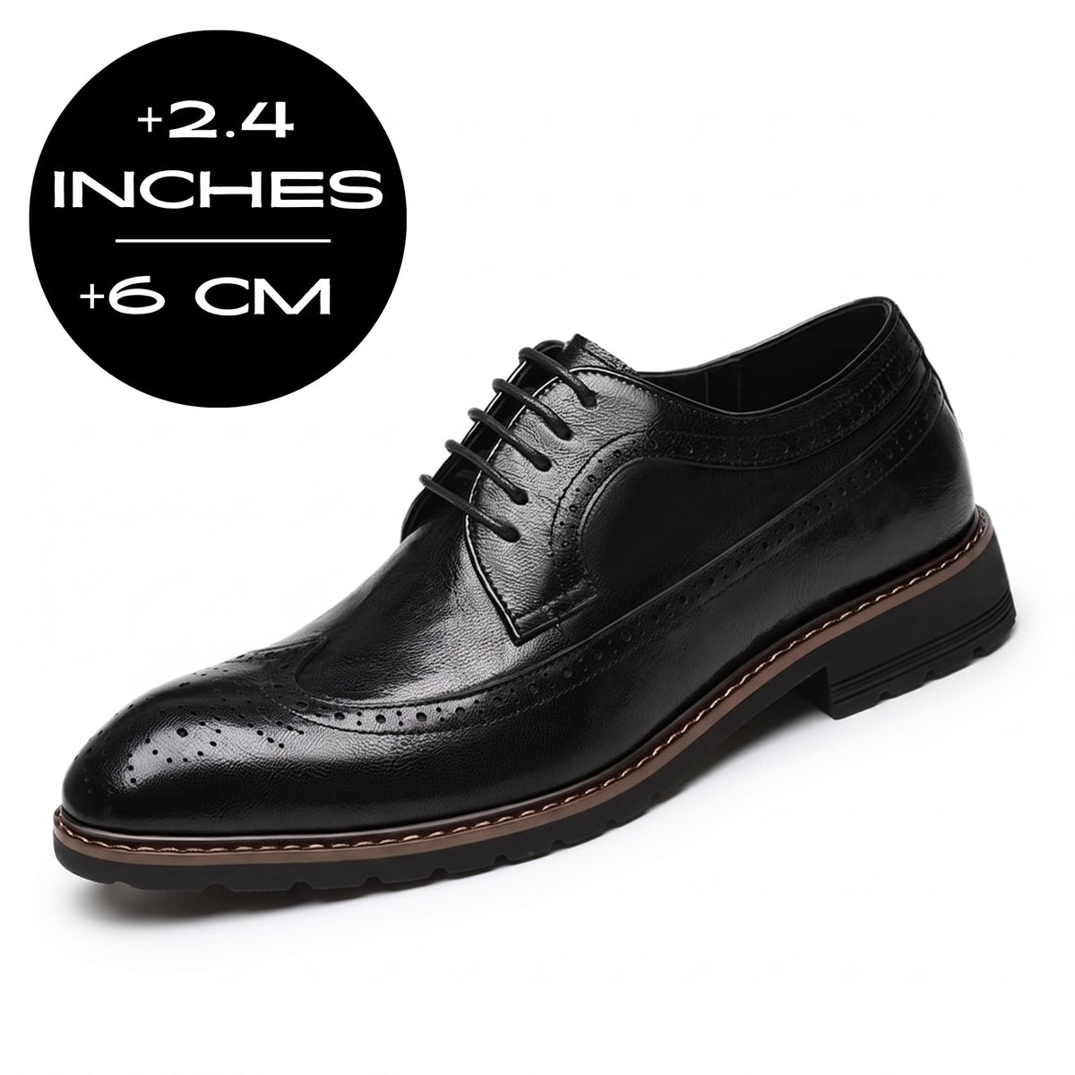 FORCIANO CELSUS Elevator Dress Shoes in black premium leather shown with a 6 cm / 2.4" height increase graphic.