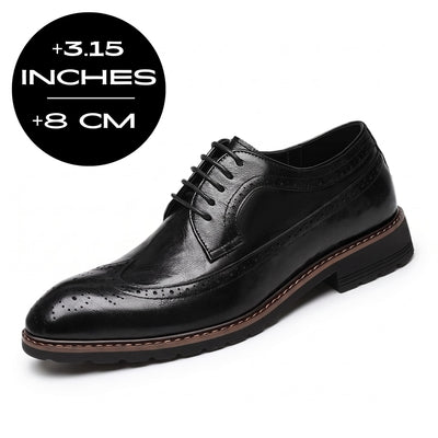 FORCIANO CELSUS Elevator Dress Shoes in black premium leather shown at a front angle with an 8 cm / 3.15" height graphic.