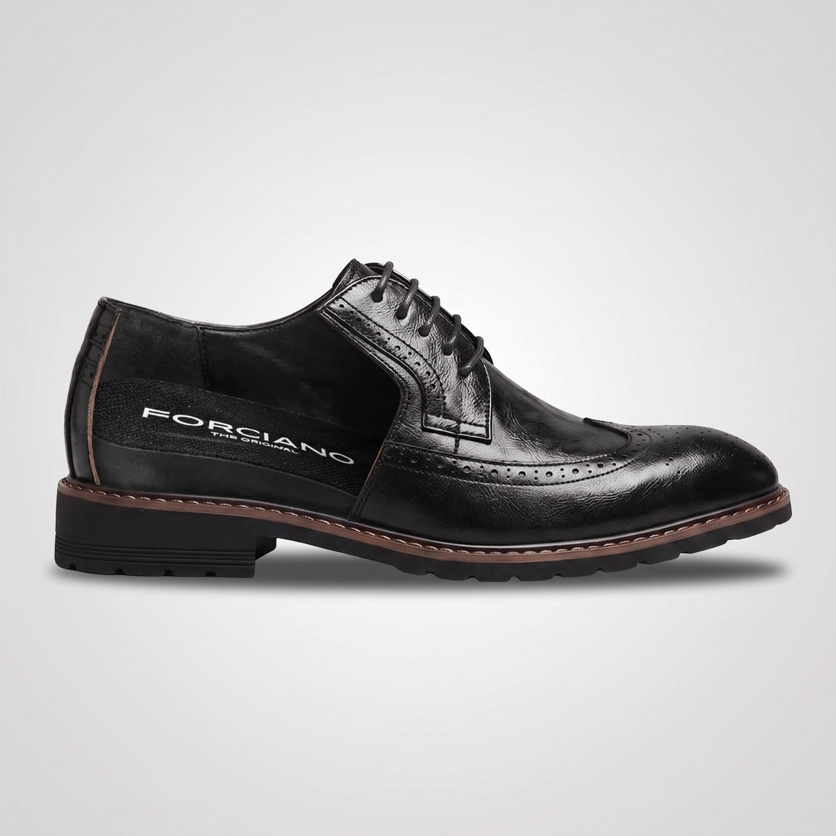 FORCIANO CELSUS Elevator Dress Shoes in black premium leather shown in a side cutaway view revealing the raised interior profile.