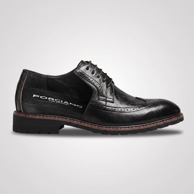 FORCIANO CELSUS Elevator Dress Shoes in black premium leather shown in a side cutaway view revealing the raised interior profile.