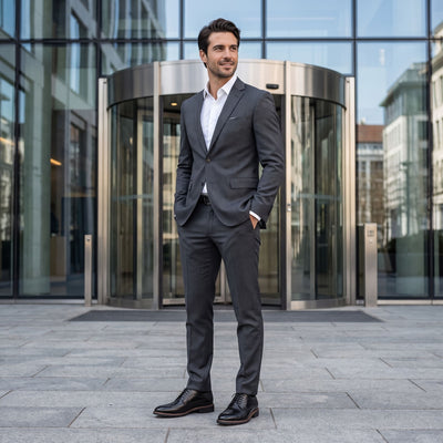 FORCIANO CELSUS Elevator Dress Shoes in black worn with a gray suit in a formal outdoor business setting.